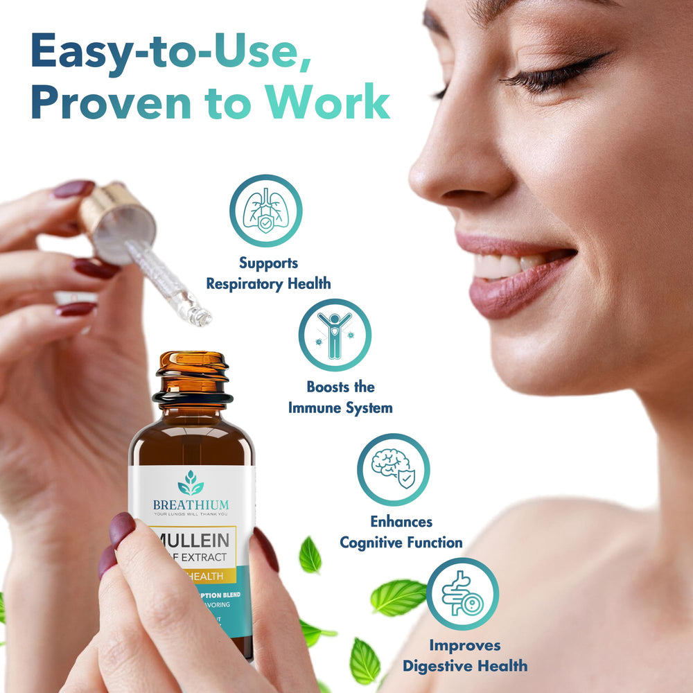 Breathium Mullein Drops dropper dispensing under tongue for fast absorption.