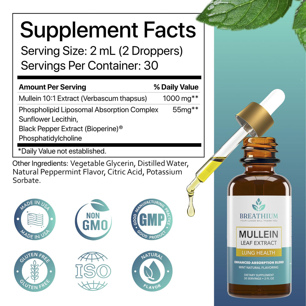 Breathium Mullein Drops GMP-certified facility seal.