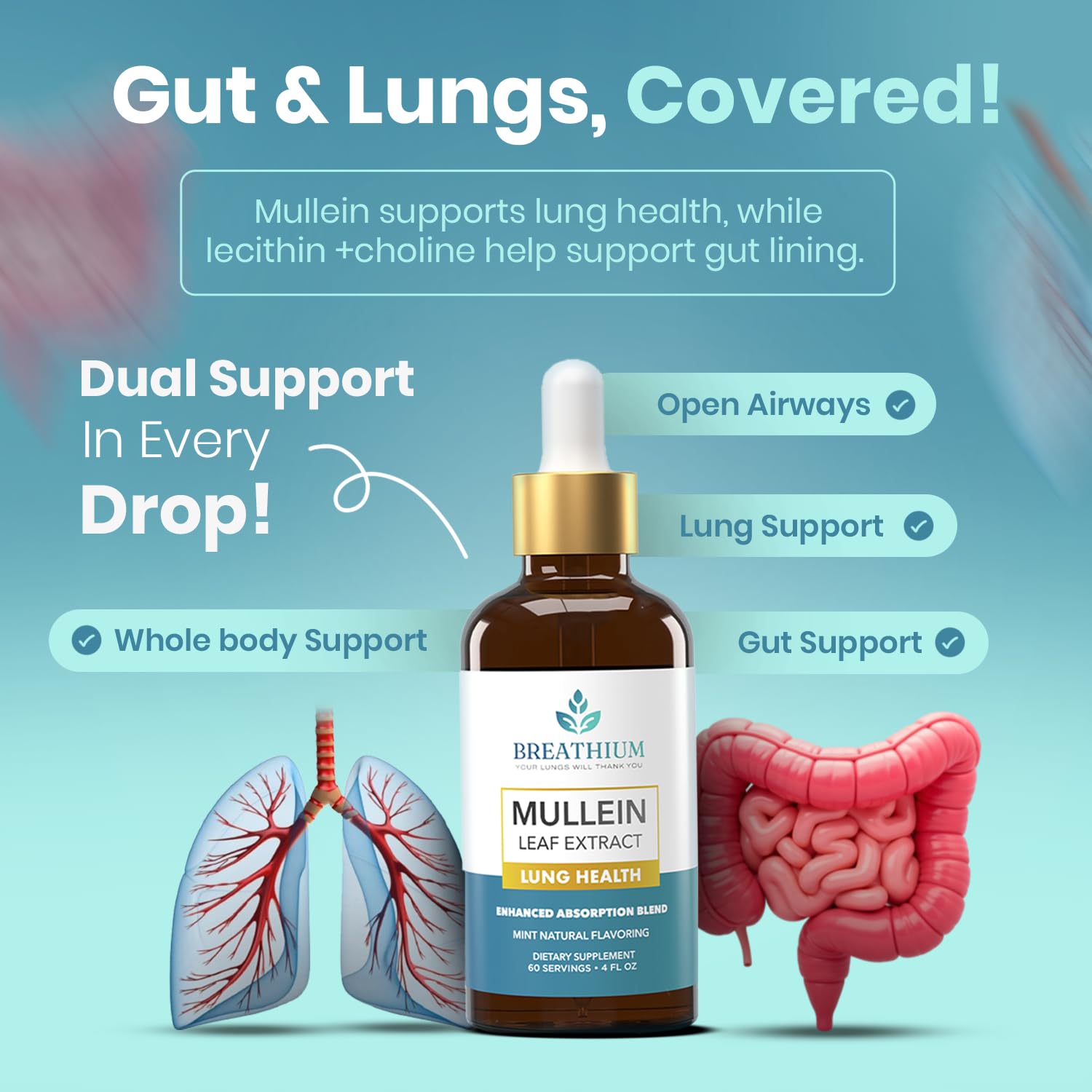 Breathium Mullein Drops being taken under tongue for quick uptake.