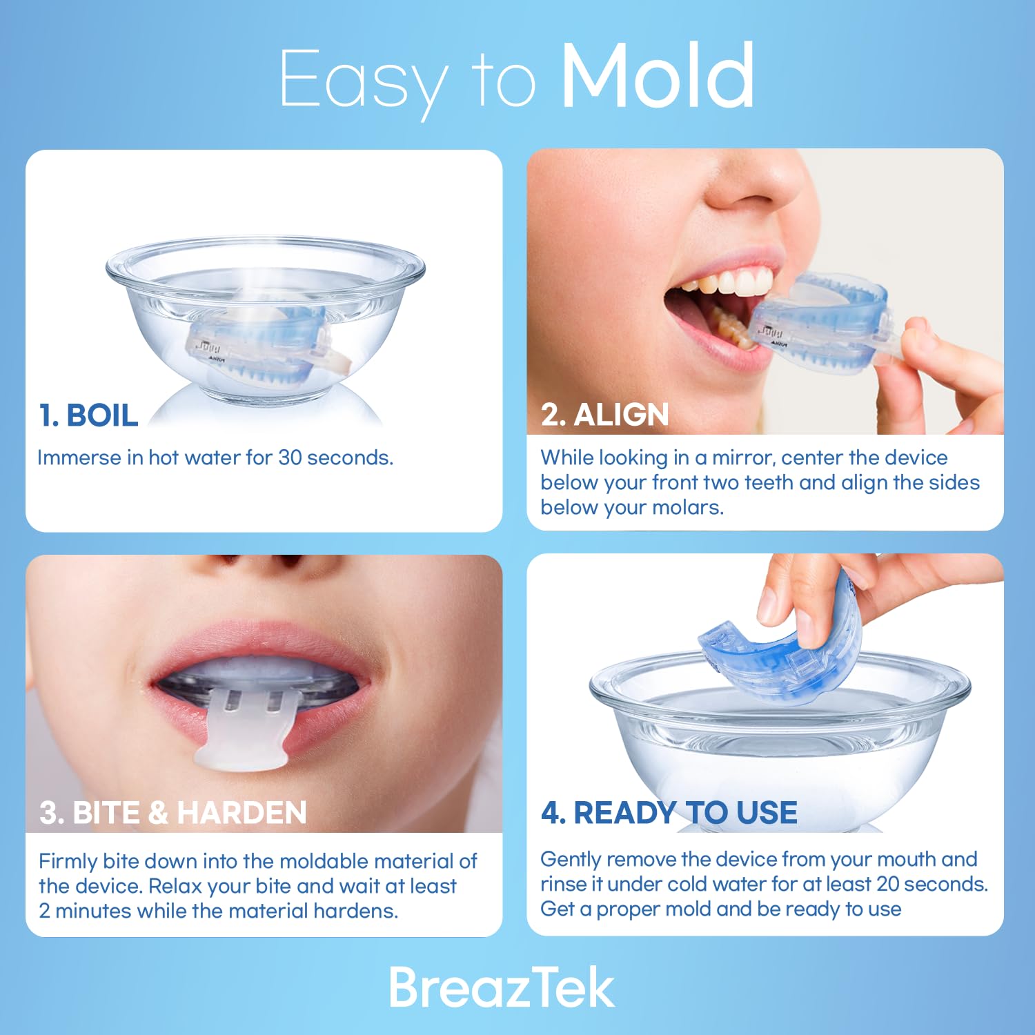 BreazTek Anti Snore Mouthpiece packaging highlights OTC single-user convenience