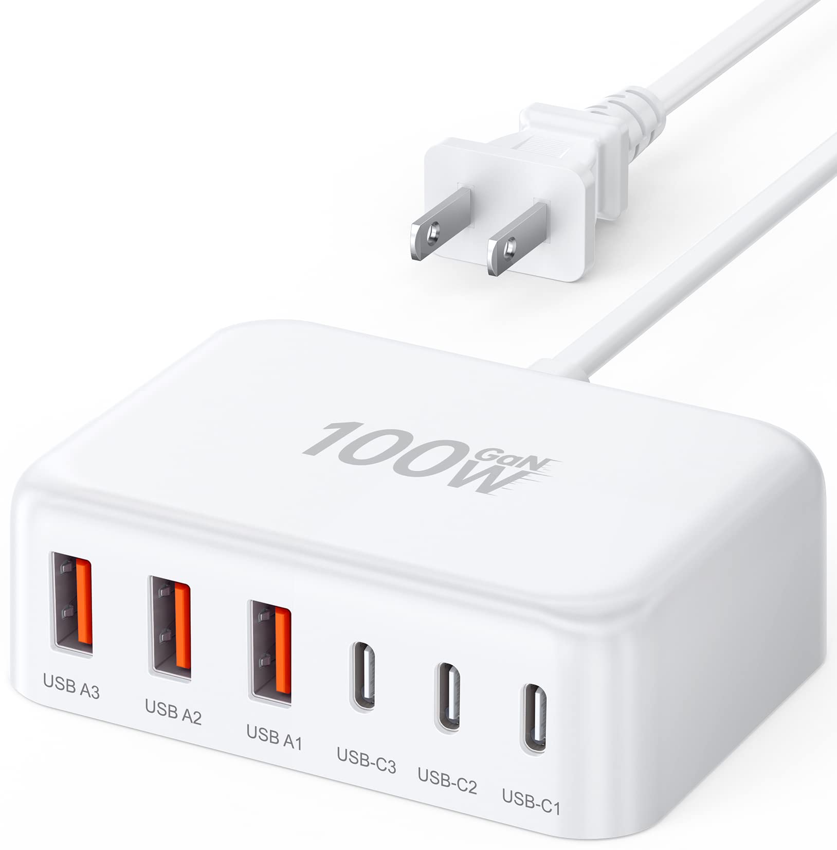 Breeket 100W USB-C fast charger front view for rapid multi-device charging at the desk.