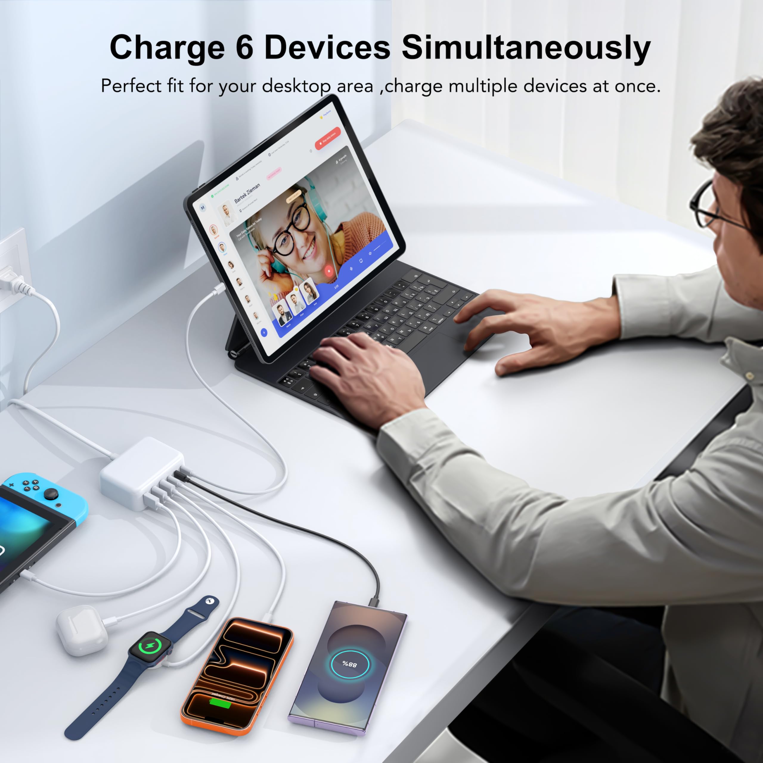 Breeket 6-port hub with USB-C and USB-A ports enables versatile device charging.