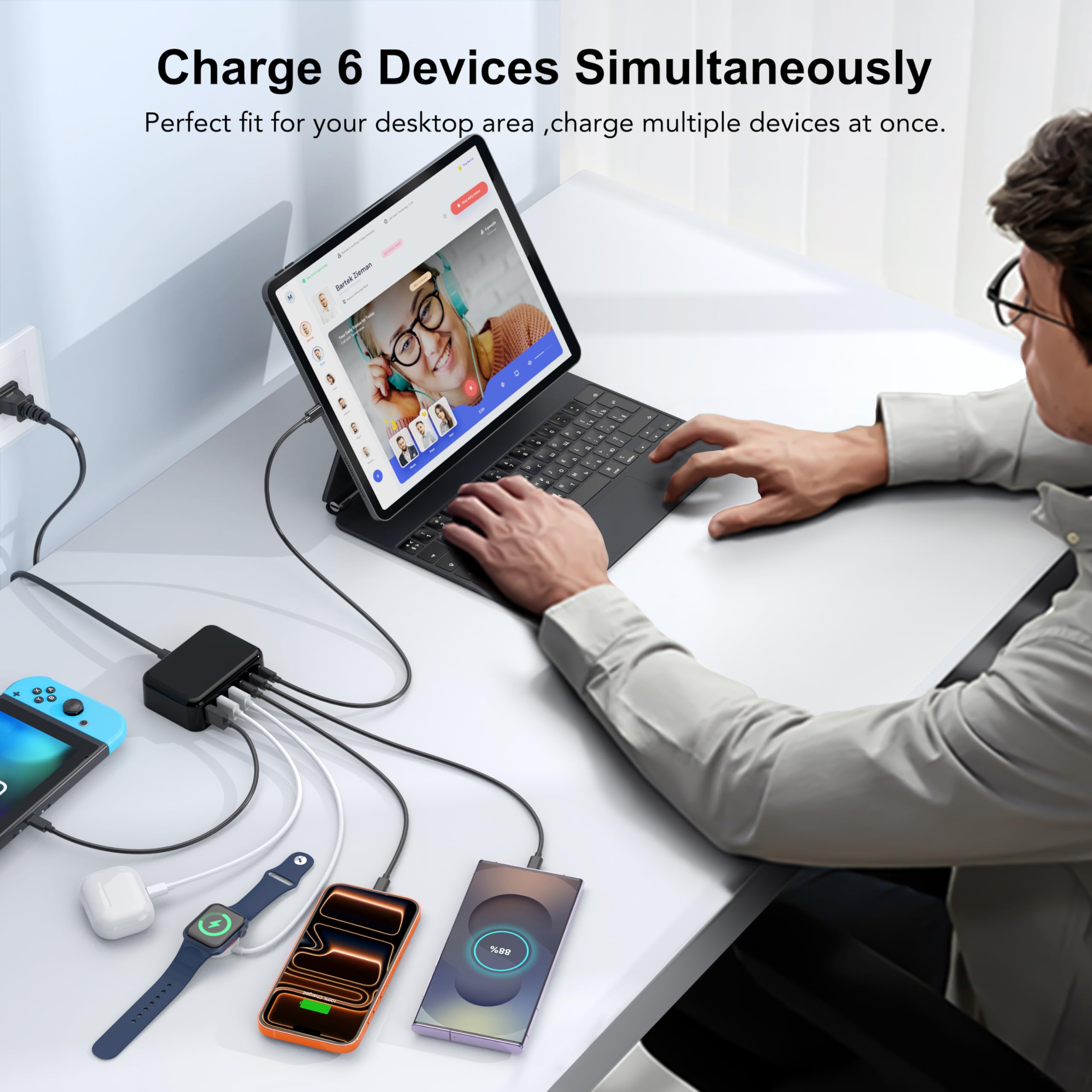 BREEKET USB-C 6-Port back ports arranged for easy cable management and device charging
