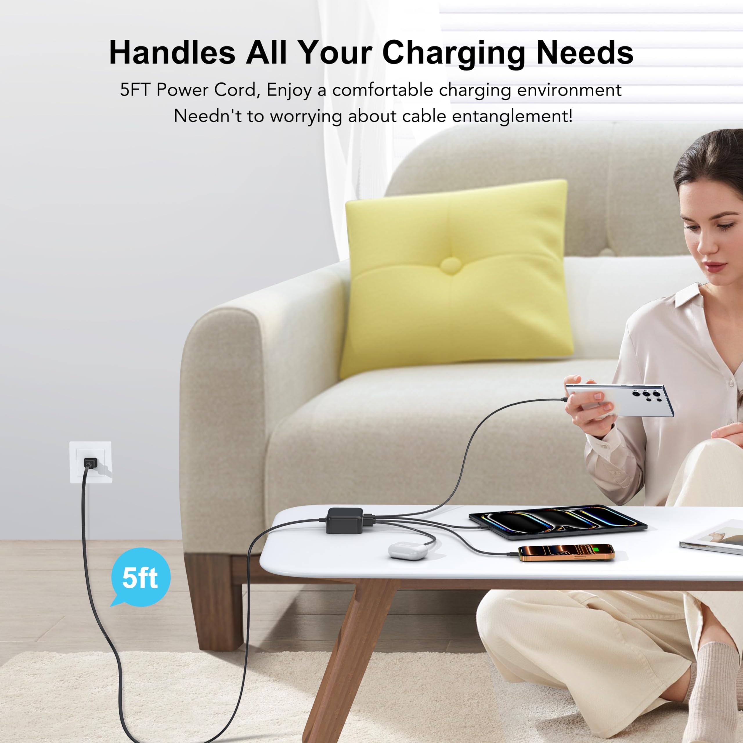 BREEKET USB-C 6-Port compact-size block emphasized as space-saving desktop power hub