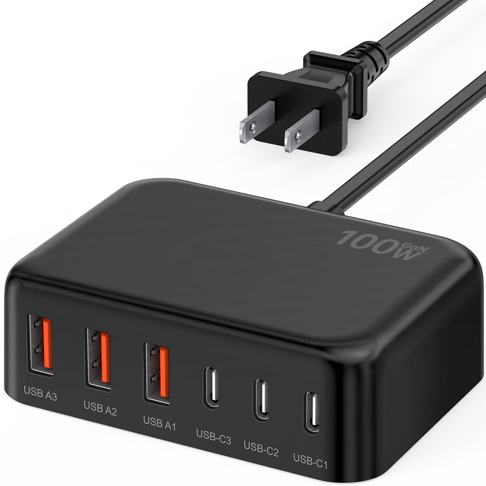 BREEKET USB-C 6-Port charger front view showing compact design and multiple ports for quick charging