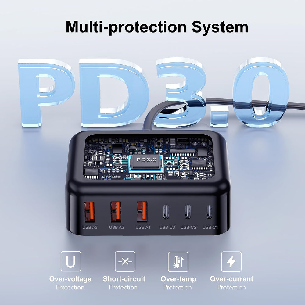BREEKET USB-C 6-Port in-use image with multiple devices charging simultaneously