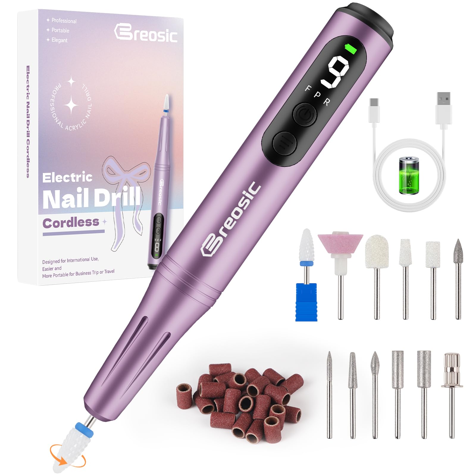 Breosic electric nail drill 35000rpm with LED display for precise speed control.