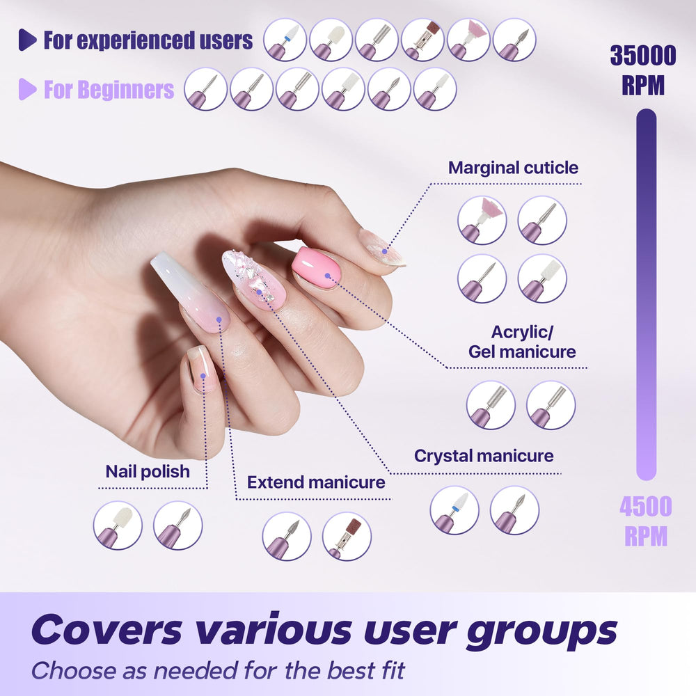 Breosic includes bits and sanding bands for gel, acrylic, and natural nails.