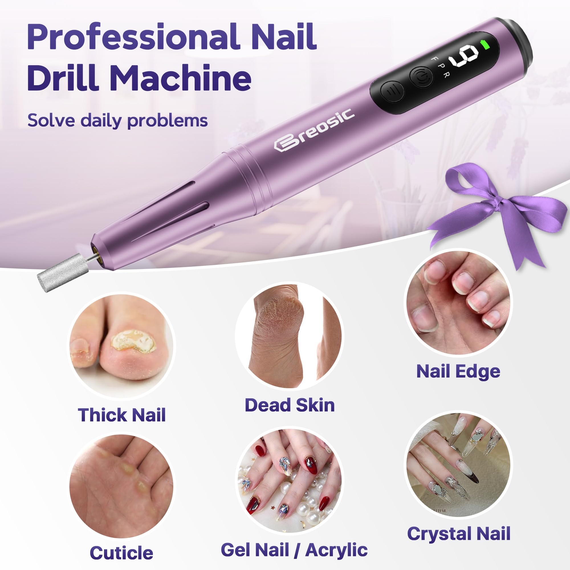 Breosic lightweight 0.2-pound design for portable nail care.