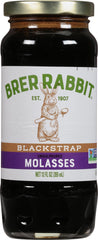 Brer Rabbit unsulphured blackstrap molasses bottle and 12-pack front view on kitchen counter