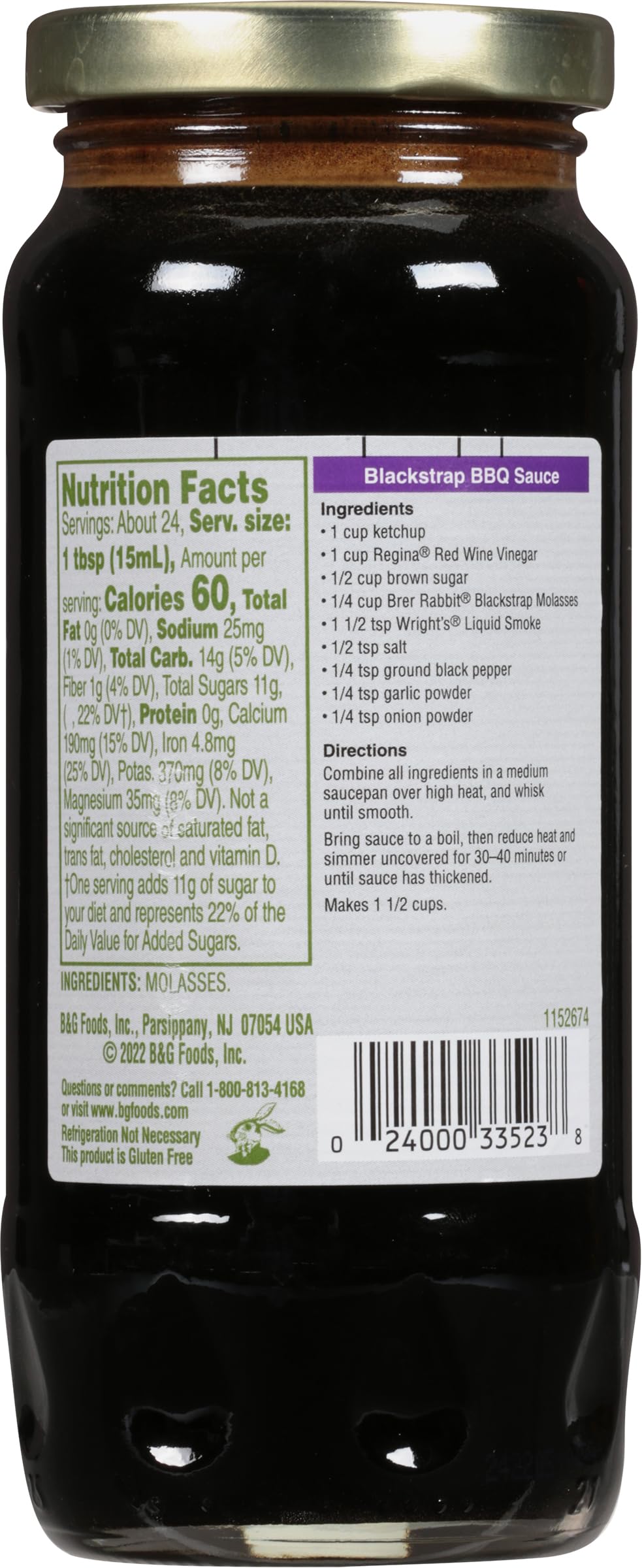 Brer Rabbit unsulphured blackstrap molasses label closeup showing bold, dark syrup