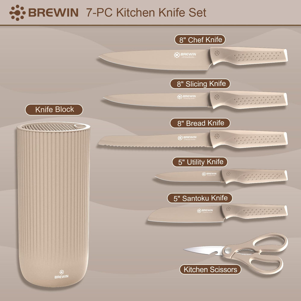 Brewin knife set santoku knife emphasized for precise rocking cuts and control.