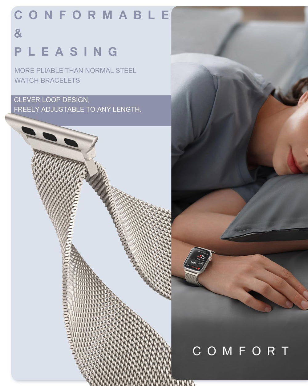 Wrist view highlights comfortable fit and flexible length with magnetic clasp