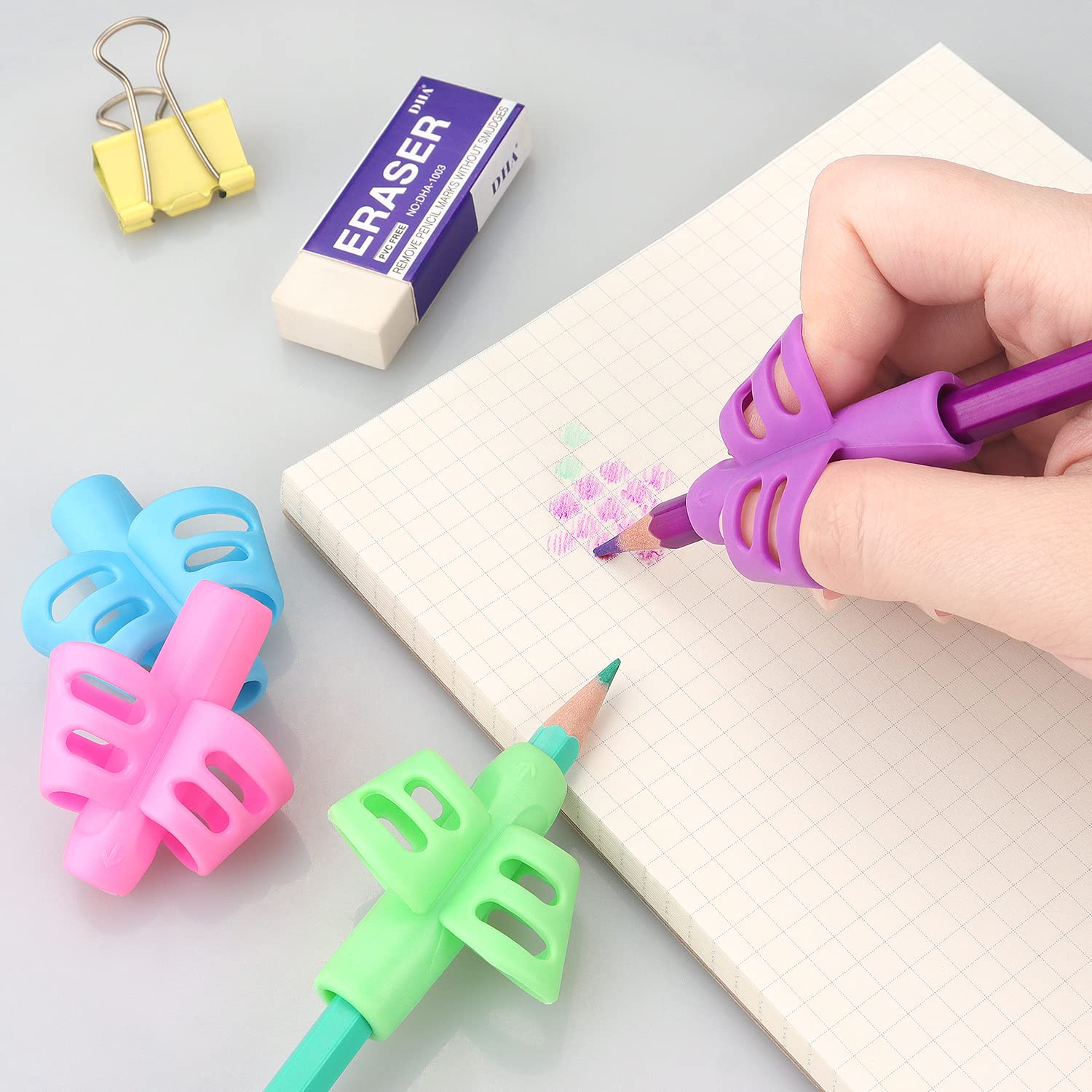 Bribobo 6-pack Pencil Grips close-up showing 8 mm hole compatibility.