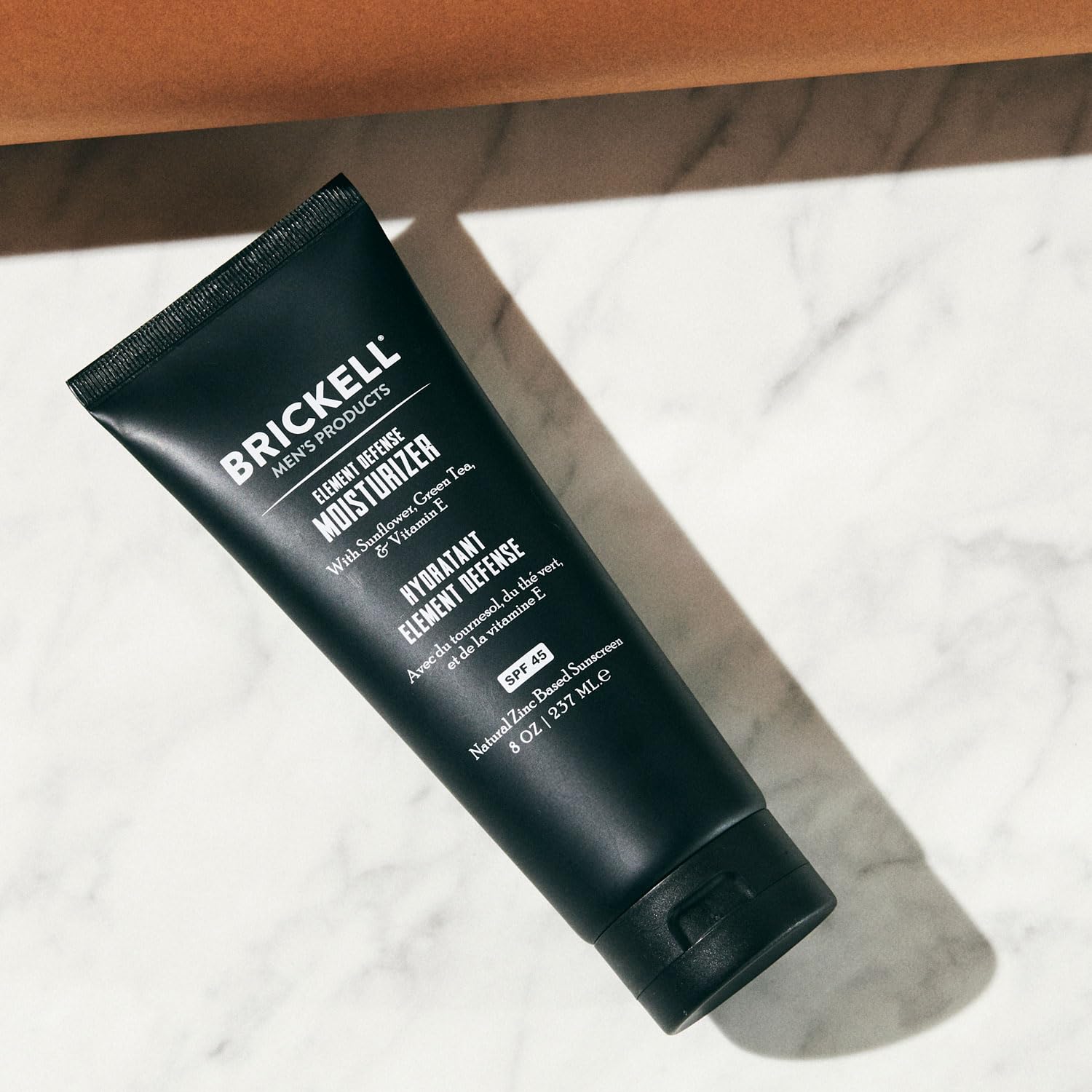 Brickell Element Defense SPF45 ingredients close-up; zinc oxide and antioxidants.