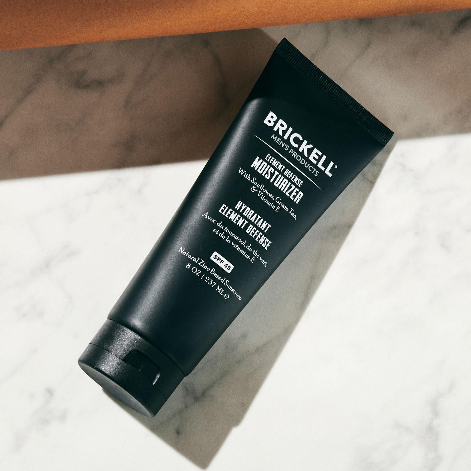 Brickell Element Defense SPF45 packaging; easy-to-dispense tube for on-the-go.