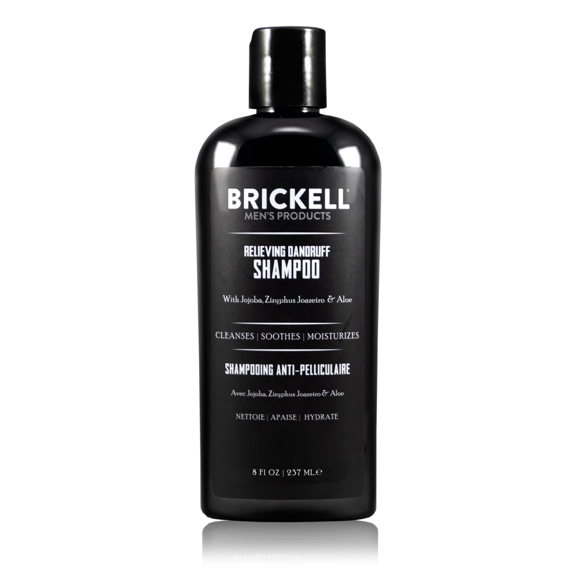 Brickell Men's Relieving Dandruff Shampoo bottle, may reduce flakes on the scalp.