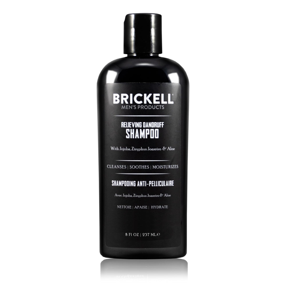 Brickell Men's Relieving Dandruff Shampoo bottle, may reduce flakes on the scalp.