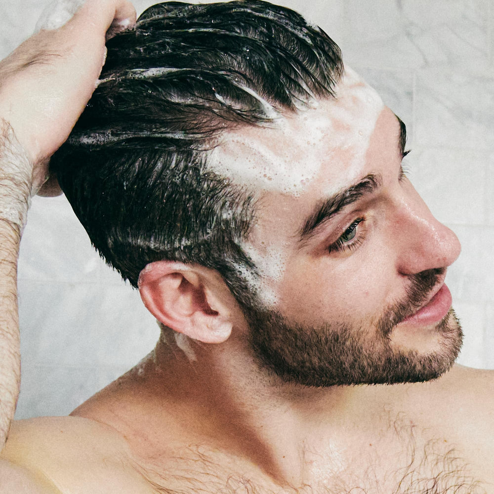 Brickell Men's Relieving Dandruff Shampoo on hair shows healthy shine.