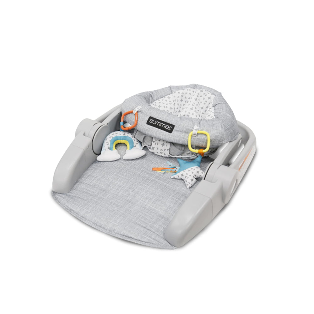 Bright Starts Learn-to-Sit seat side view highlights adjustable height for growing babies.