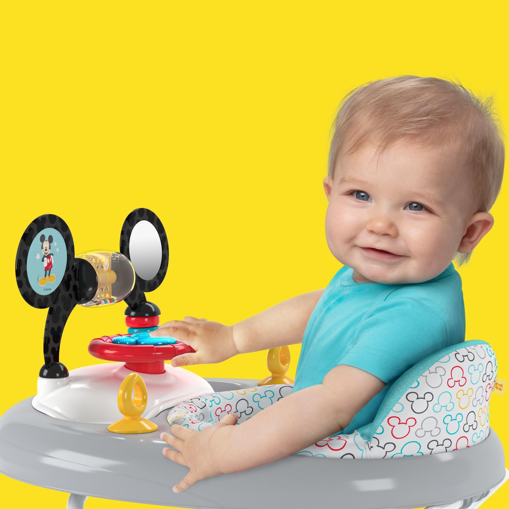 Bright Starts Mickey Mouse walker light-up steering wheel enhances early playtime.