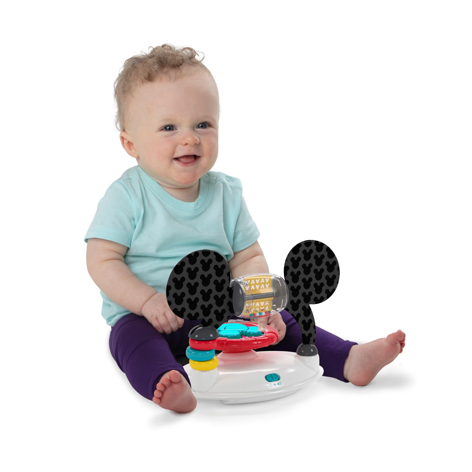 Bright Starts Mickey Mouse walker spinning beads provide tactile engagement.