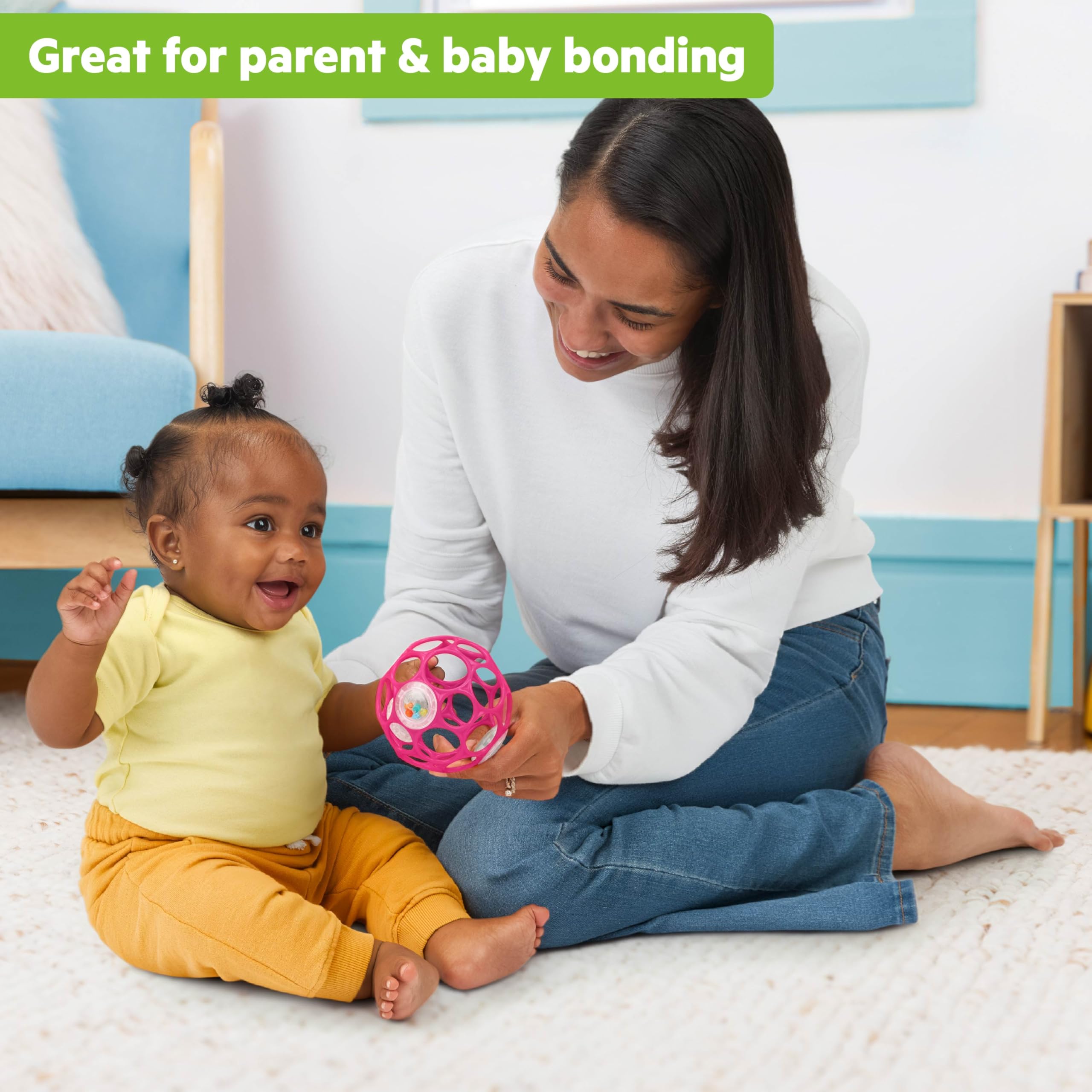 Bright Starts Oball rattle provides multisensory stimulation through sound and texture.
