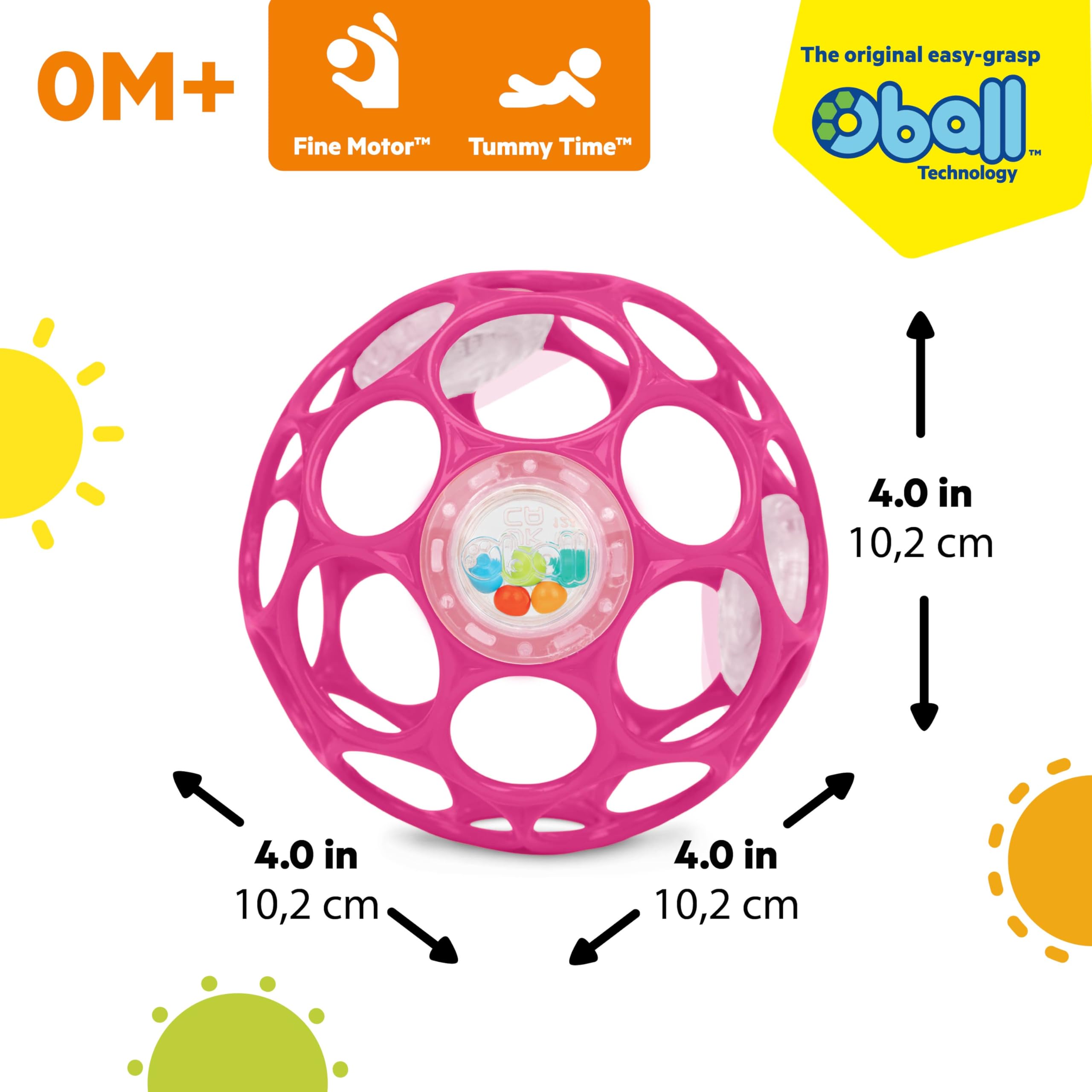 Bright Starts Oball rattle fits in a diaper bag for convenient travel.