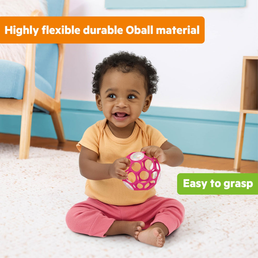 Bright Starts Oball pink rattle encourages baby to chase and crawl during play.