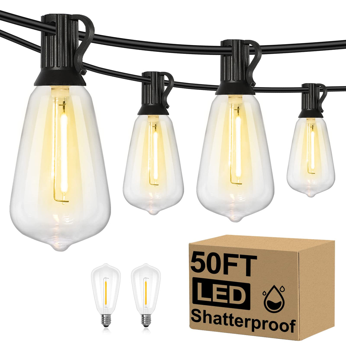 Brightever 50ft outdoor string lights illuminate patios with bright 2700K warmth.