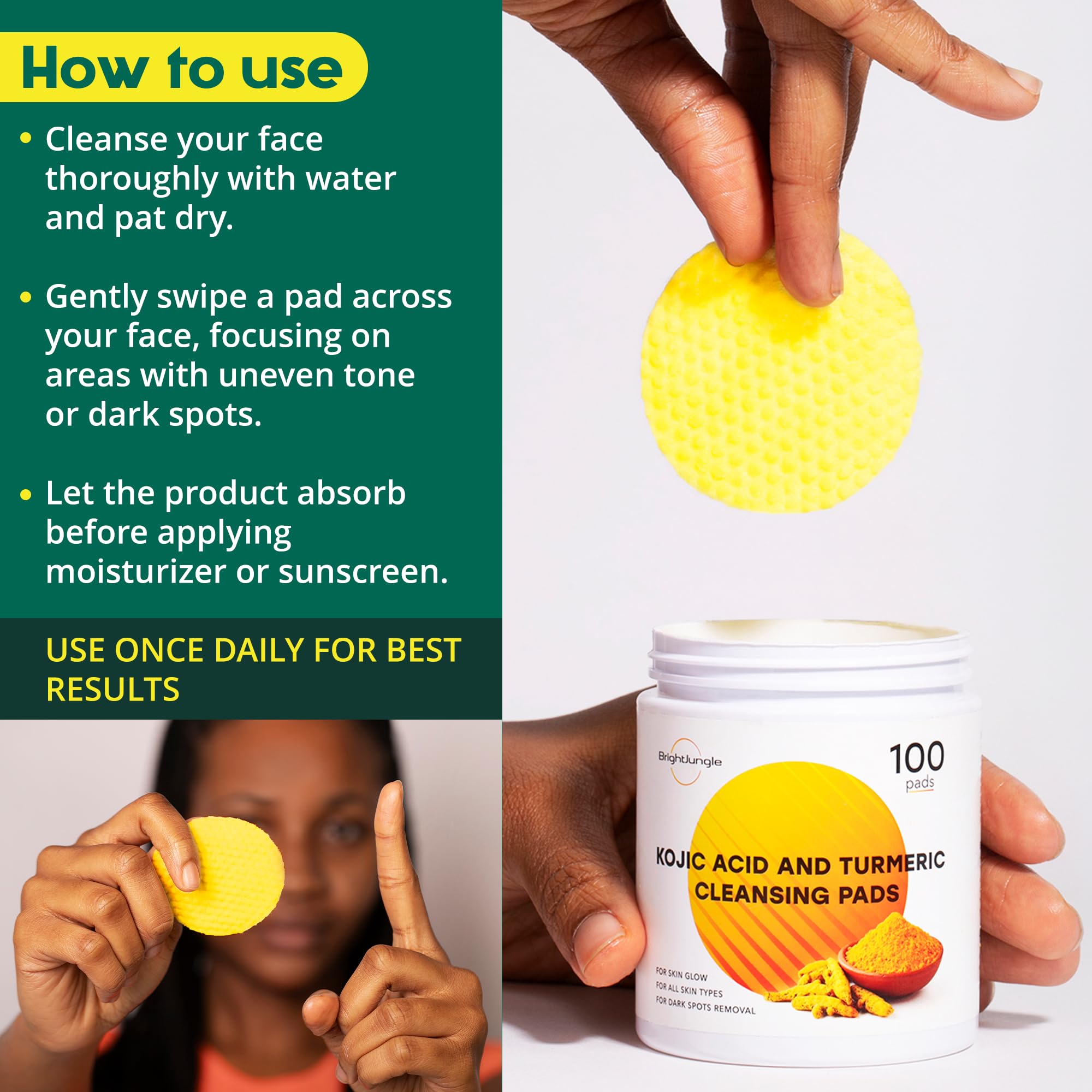 BRIGHTJUNGLE Kojic Turmeric Pads jar setup for on-the-go routine