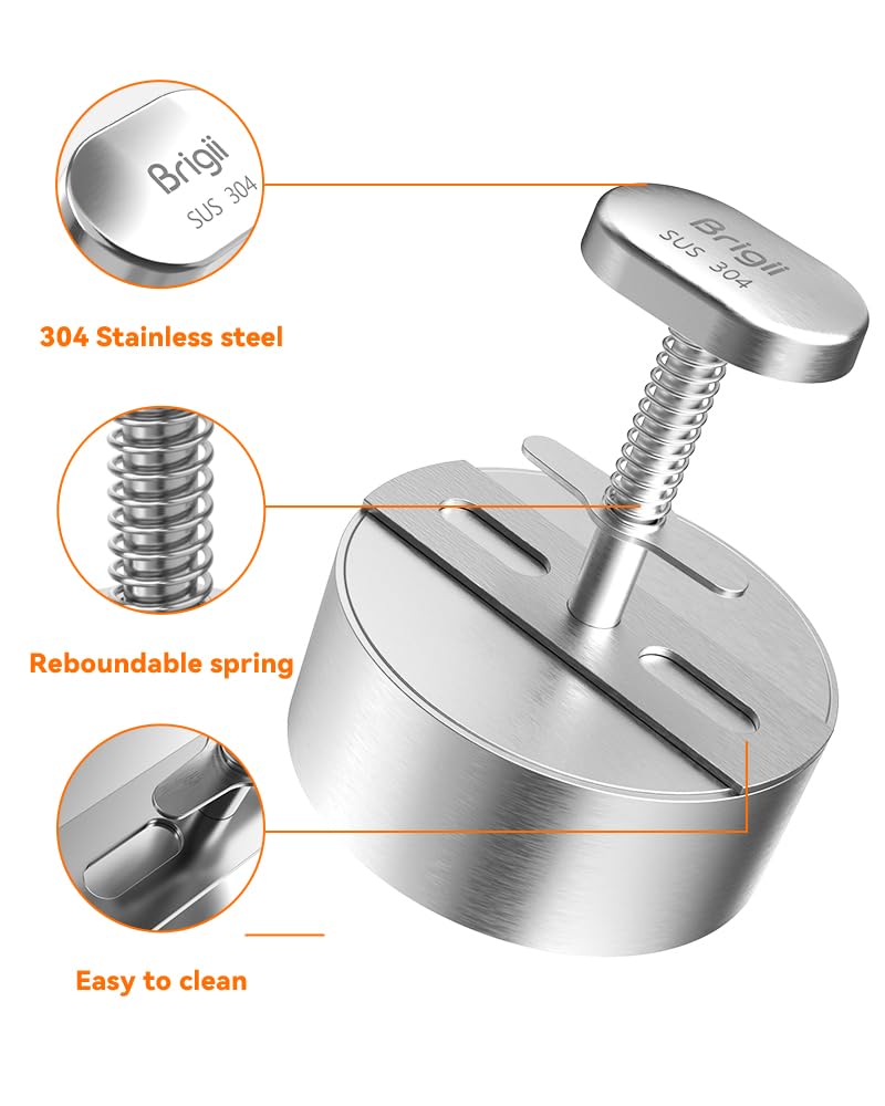 Brigii burger press with thickness guide markers for consistent weights.