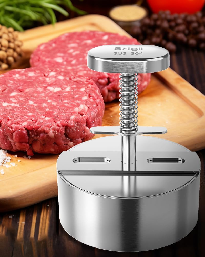 Brigii burger press yields uniformly thick patties for grilling.