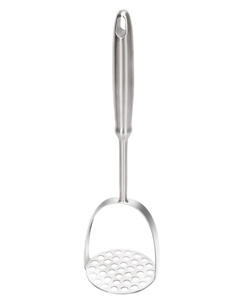 Brigii potato masher highlighting the 37-hole design for smooth mashing