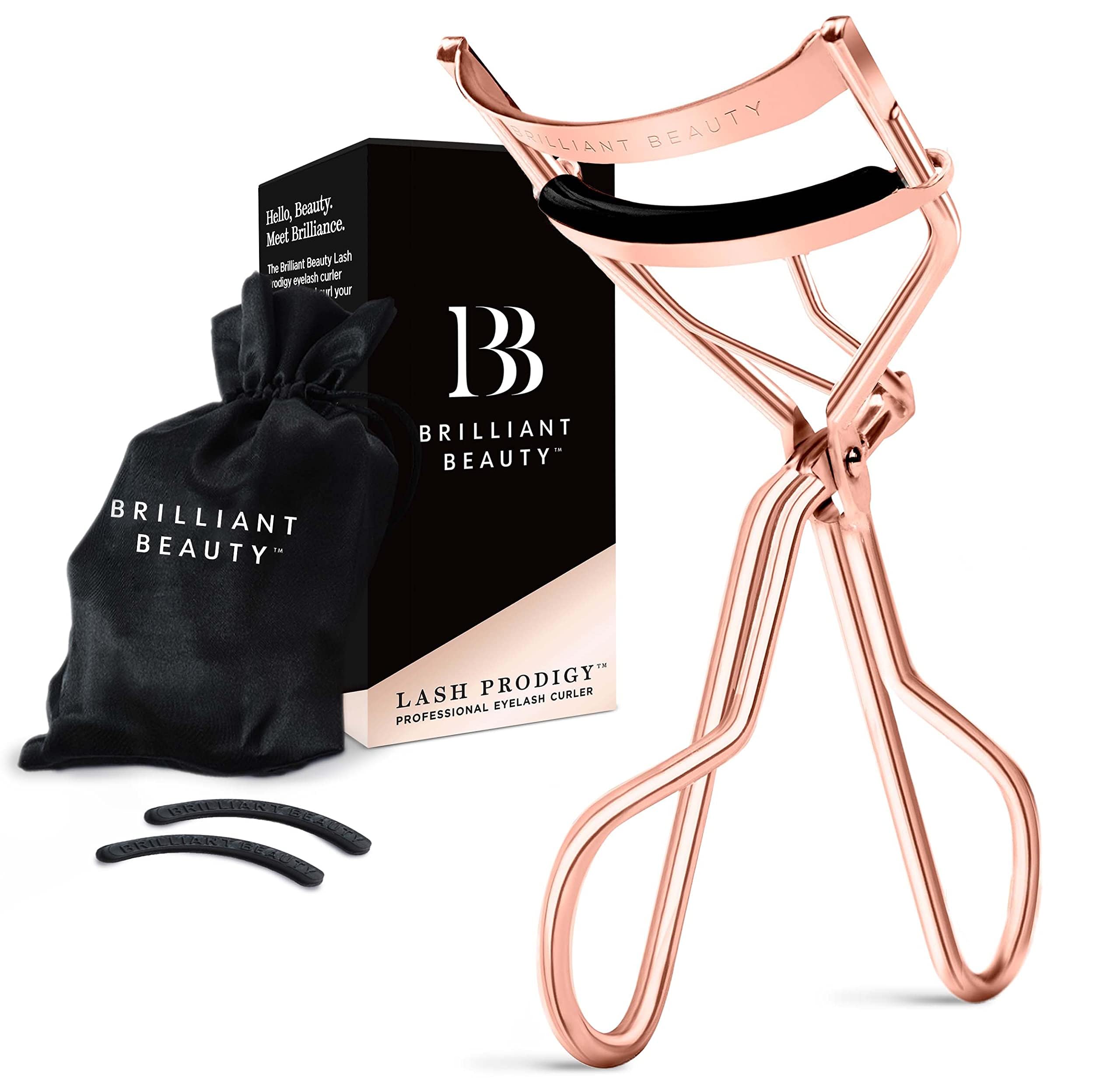 Brilliant Beauty eyelash curler in rose gold close-up showing precise lift without pinching.