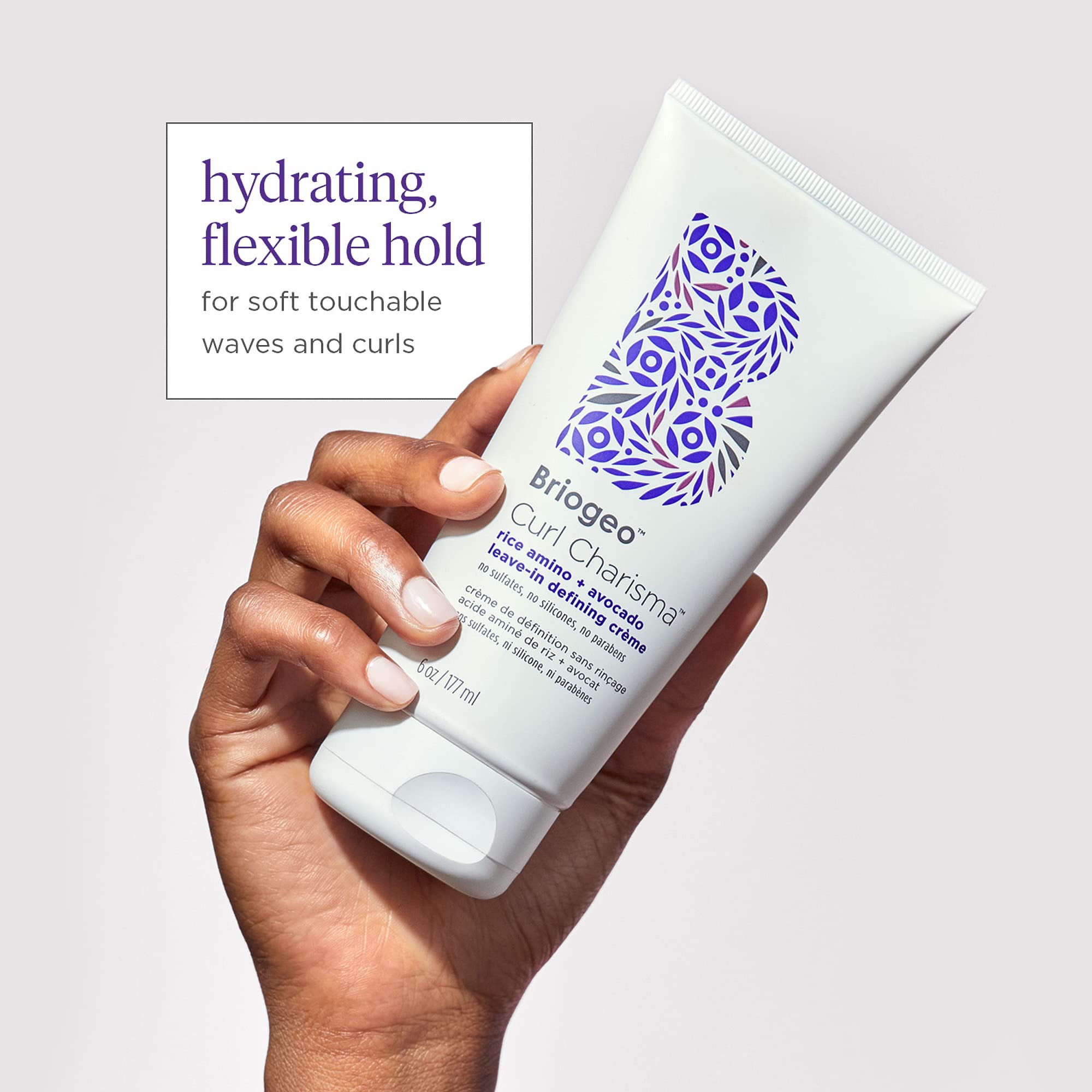 Briogeo Curl Charisma rice amino image emphasizes moisture retention for defined curls.
