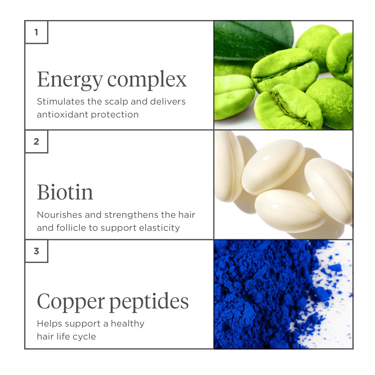 Ingredient panel on Briogeo shampoo emphasizes caffeine, biotin, and peptides for scalp vitality