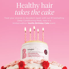 Briogeo Birthday Cake fragrance bottle shows vanilla cocoa jasmine musk aroma.