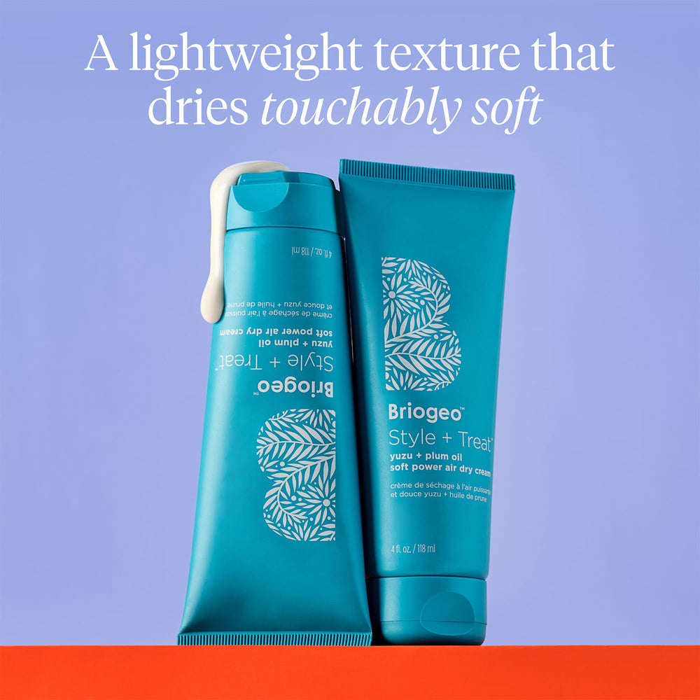 Briogeo Style Treat Yuzu and Plum Oil Air Dry Cream bottle and waves
