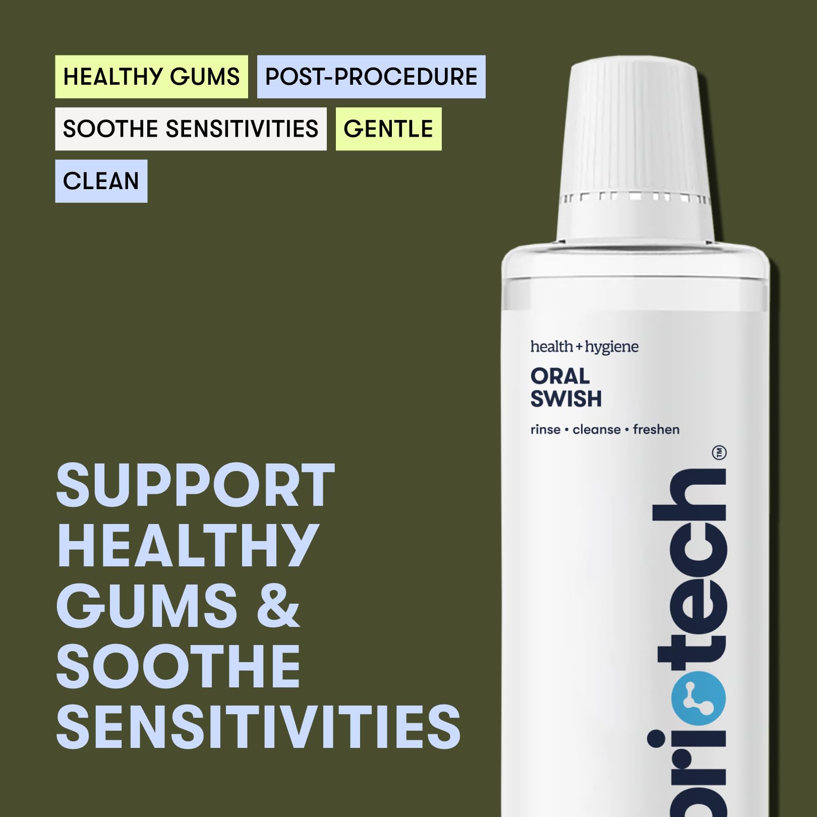 BRIOTECH Oral Swish pouring bottle demonstrates easy use for daily gum care