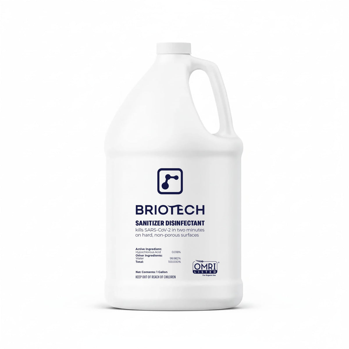 BRIOTECH sanitizer bottle shows hypochlorous formula for fast surface disinfection