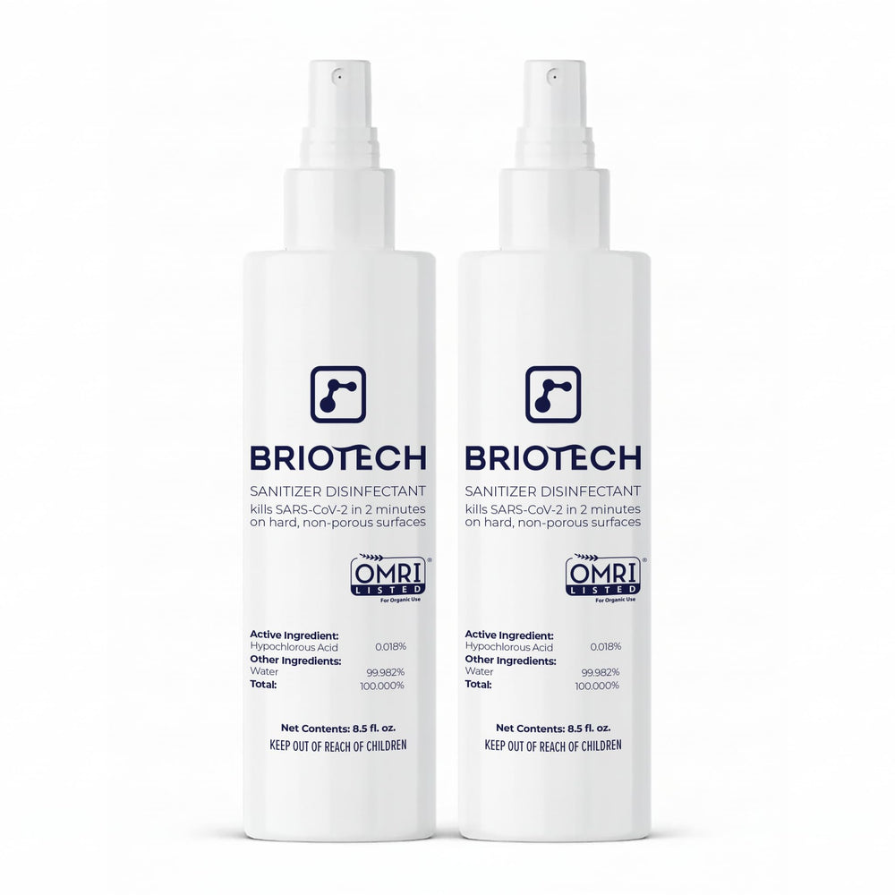 BRIOTECH hypochlorous spray bottle showing fast surface disinfection capability
