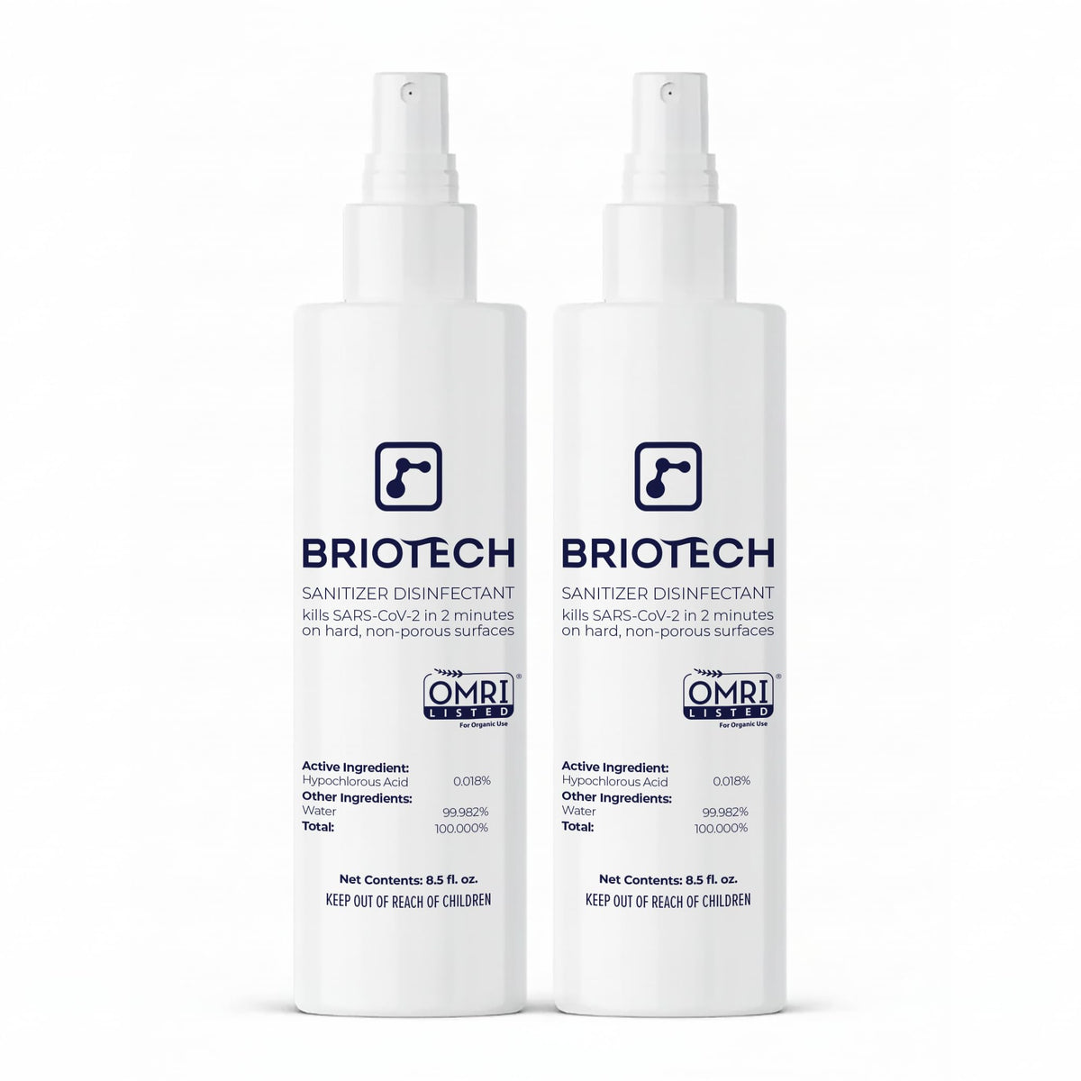 BRIOTECH hypochlorous spray bottle showing fast surface disinfection capability