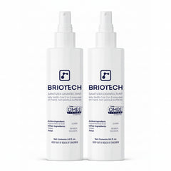 BRIOTECH hypochlorous spray bottle showing fast surface disinfection capability