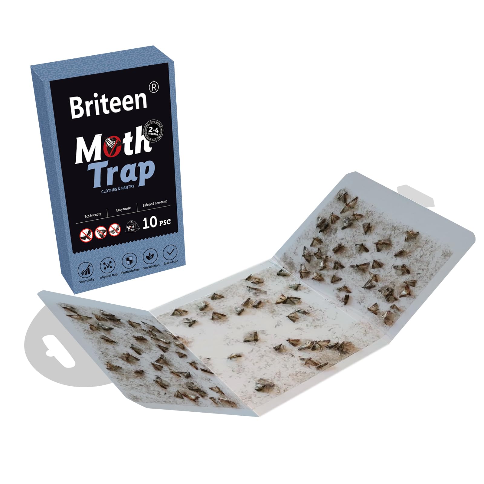 Briteen closet moth trap application in wardrobe protects fabrics and clothing.