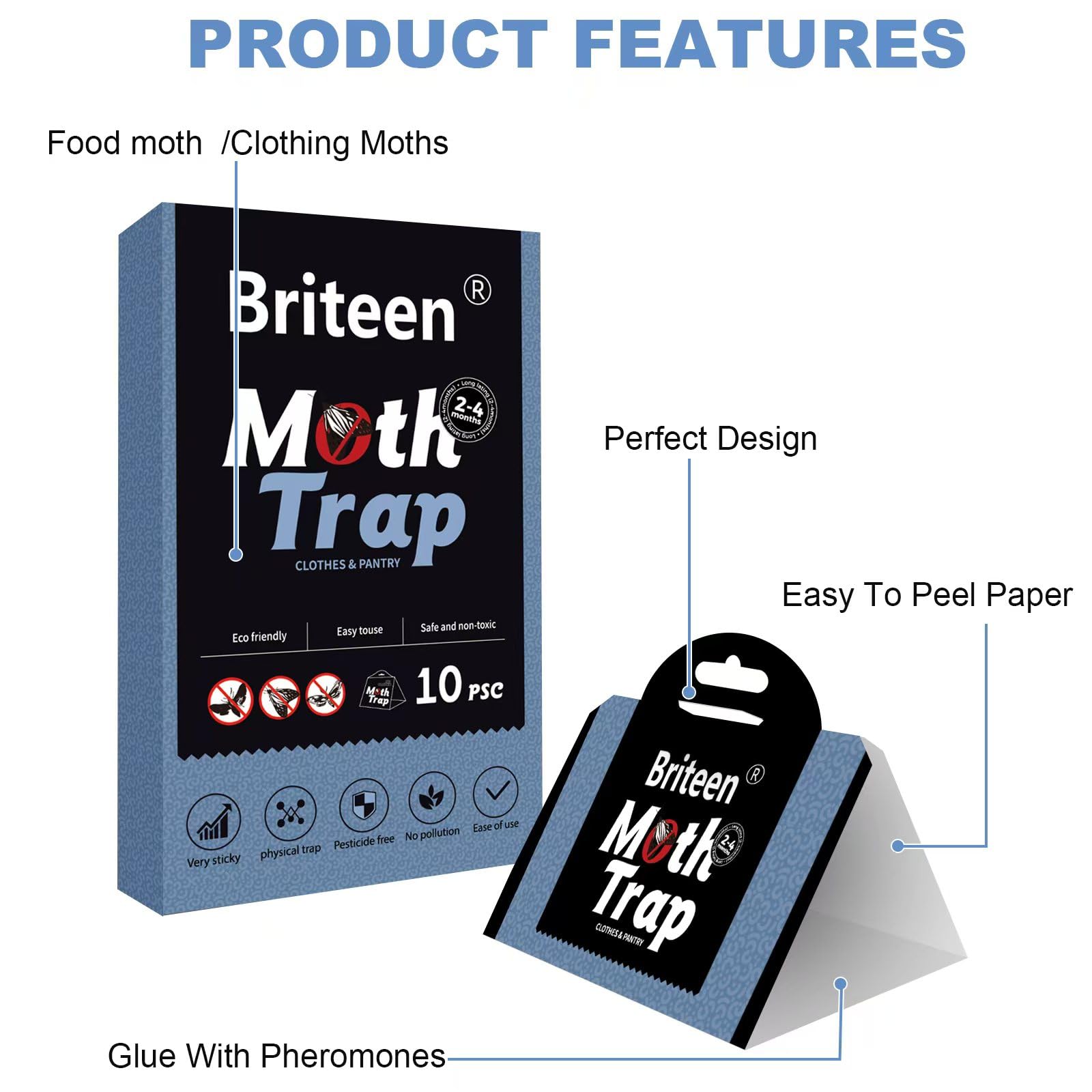 Briteen pheromone attractant trap close up showing sealed packaging for long lasting use.