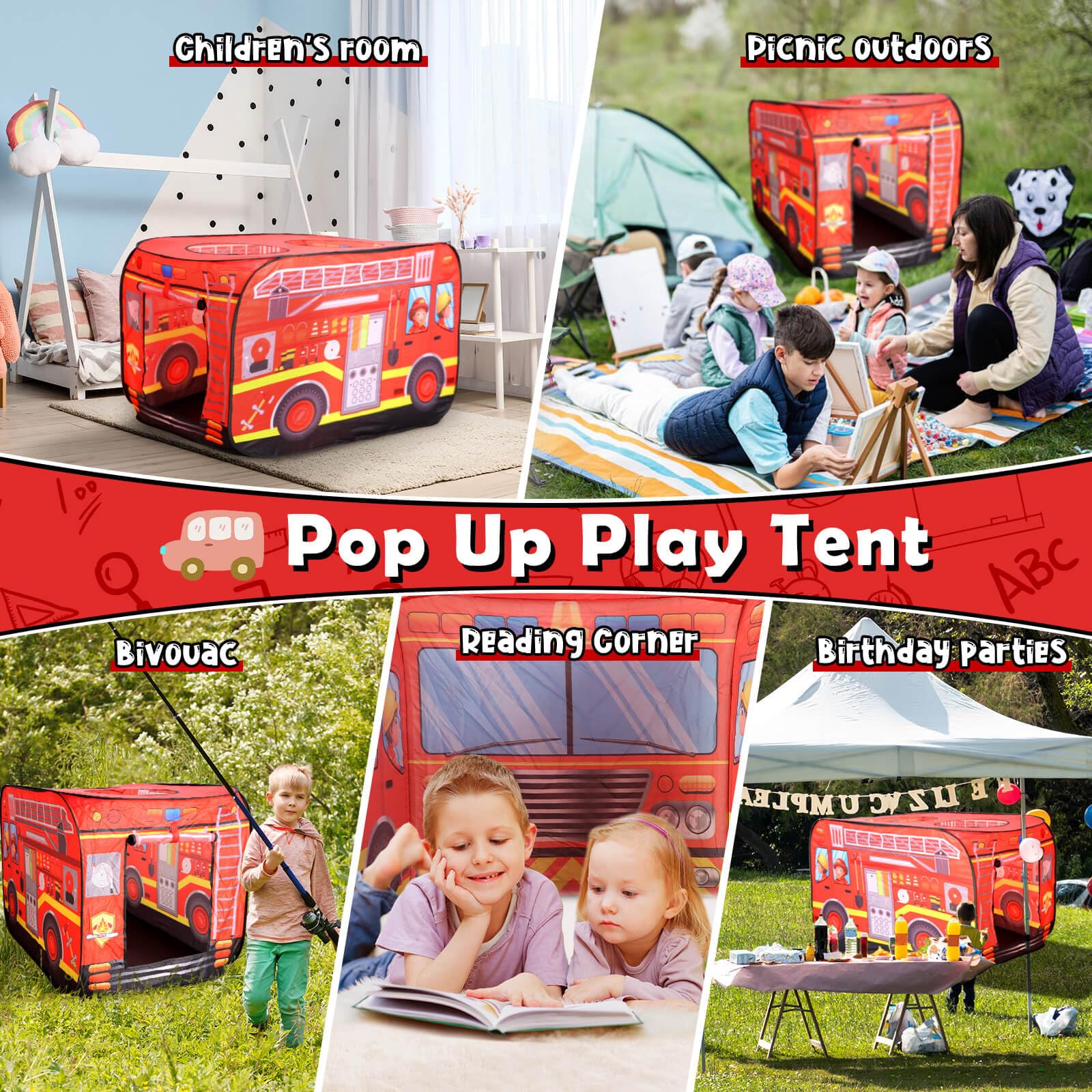 Britik Fire Truck Pop Up Tent breathable windows for lively activities.