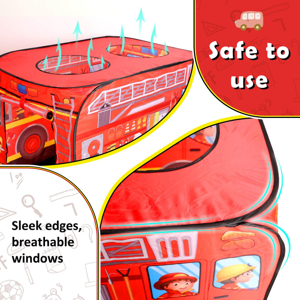 Britik Fire Truck Pop Up Tent ideal for indoor or outdoor use.