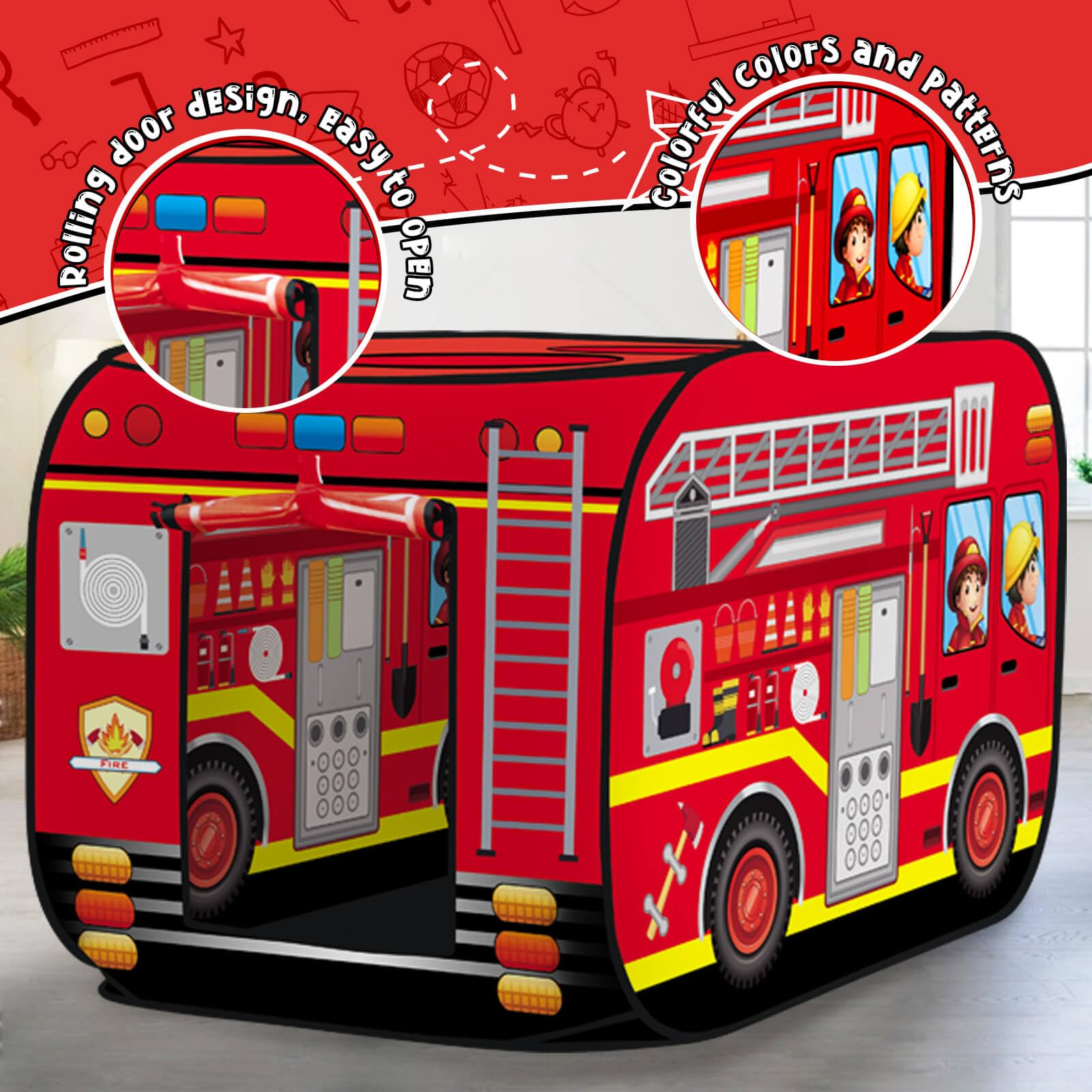 Britik Fire Truck Pop Up Tent portable design for easy transport.