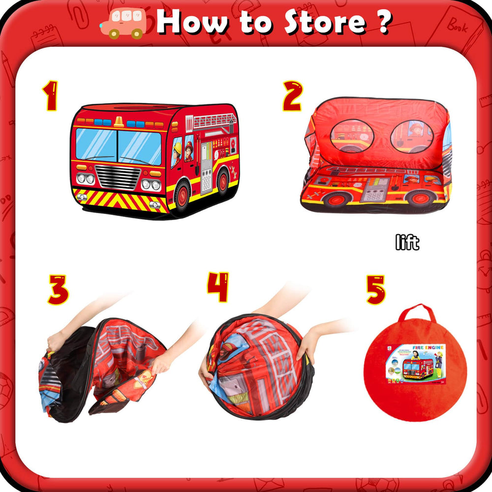 Britik Fire Truck Pop Up Tent doubles as toy storage when not in use.